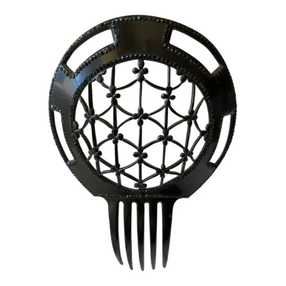 Vintage Ornate Spanish Style Headpiece Celluloid Comb with Black Rhinestones